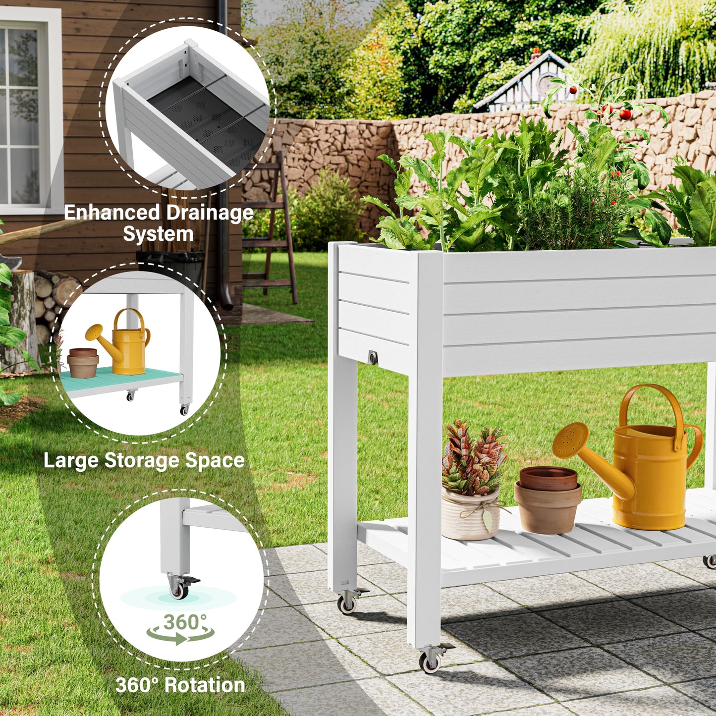 WTFGO Elevate 33.7" Tall Raised Garden Bed with Wheels, Divisible Resin Planter Box with Drainage Gauge & Storage Shelf, Herb Planter for Garden Patio Backyard, Ashen (33.7" h)