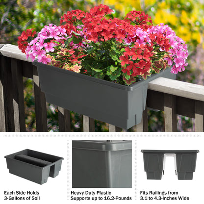 Pure Garden Railing Planter - 20.75-Inch Flower Box with Drainage Insert - 6-Gallon Outdoor Planter Box - Deck, Porch, or Balcony Planter (Gray)