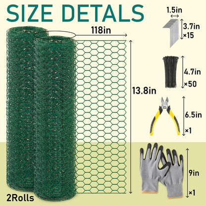 EcoBrisa 13.8x118" Plant Protectors from Animals, 2Roll Metal Mesh Plant Cages for Outdoor Plants Chicken Wire Cloche Wire Mesh for Garden Fence Kit with Ground Stakes & Nylon Tie,Gloves,Plier (Green)