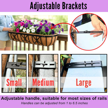 LaLaGreen 24 Inch, 2 Pack Railing Planters with Adjustable Mounting Brackets – Black Metal Window Planter Boxes for Outdoor Gardening, Wall-Mount Flower Pots, Balcony Fence Patio, Porch, Garden