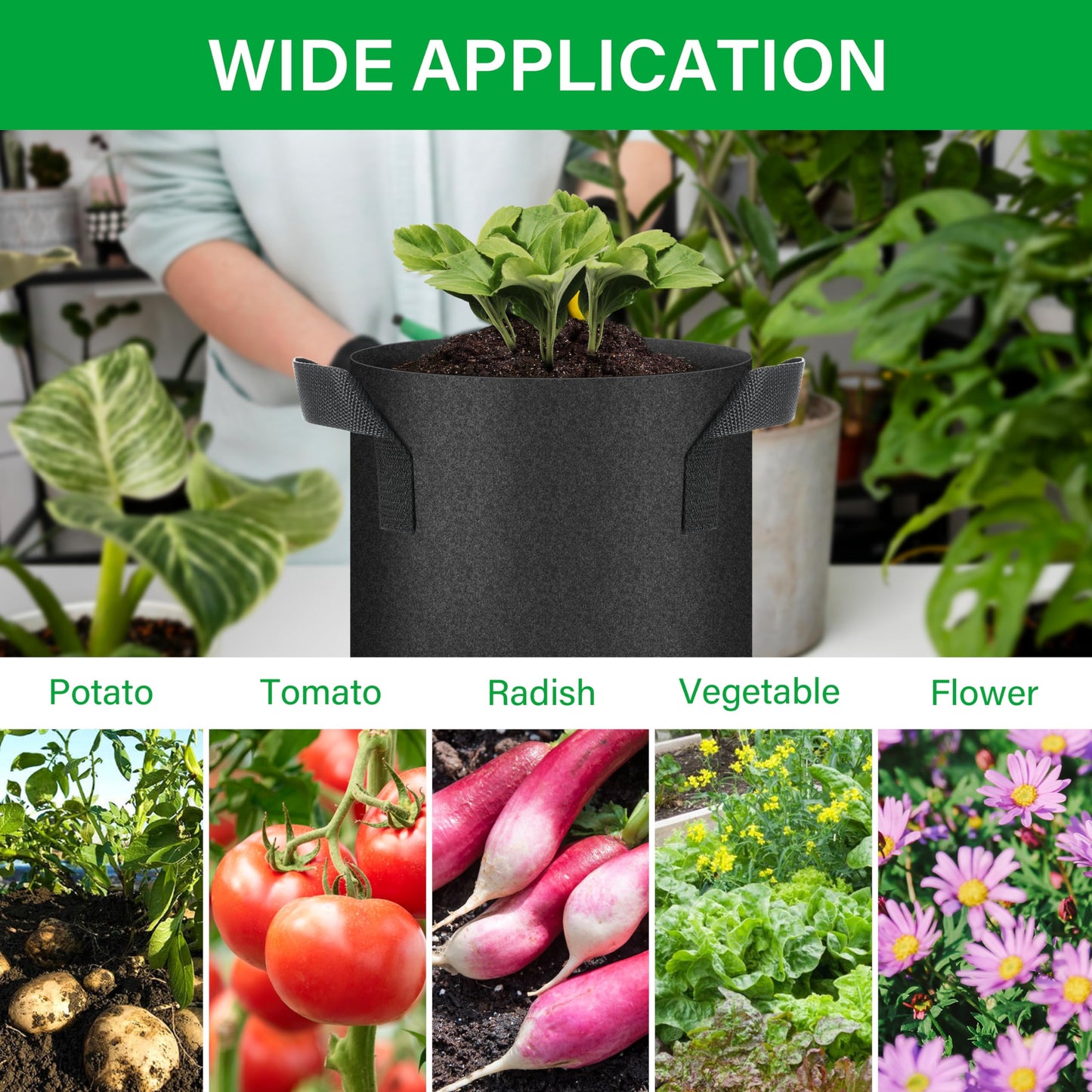 YSSOA 5-Pack 2 Gallon Grow Bags, Aeration Nonwoven Fabric Plant Pots with Handles, Heavy Duty Gardening Planter for Potato, Tomato, Vegetable and Fruits, Black 2024 Version