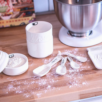 Farmhouse Canisters Sets for the Kitchen - Mason Jar Ceramic Kitchen Utensil Holder, Spoon Rest, Cute Cookie Jar, Salt & Pepper Shaker Sets, Sponge Holder, Measuring Cups & Spoons (White,17-Pc Bundle)