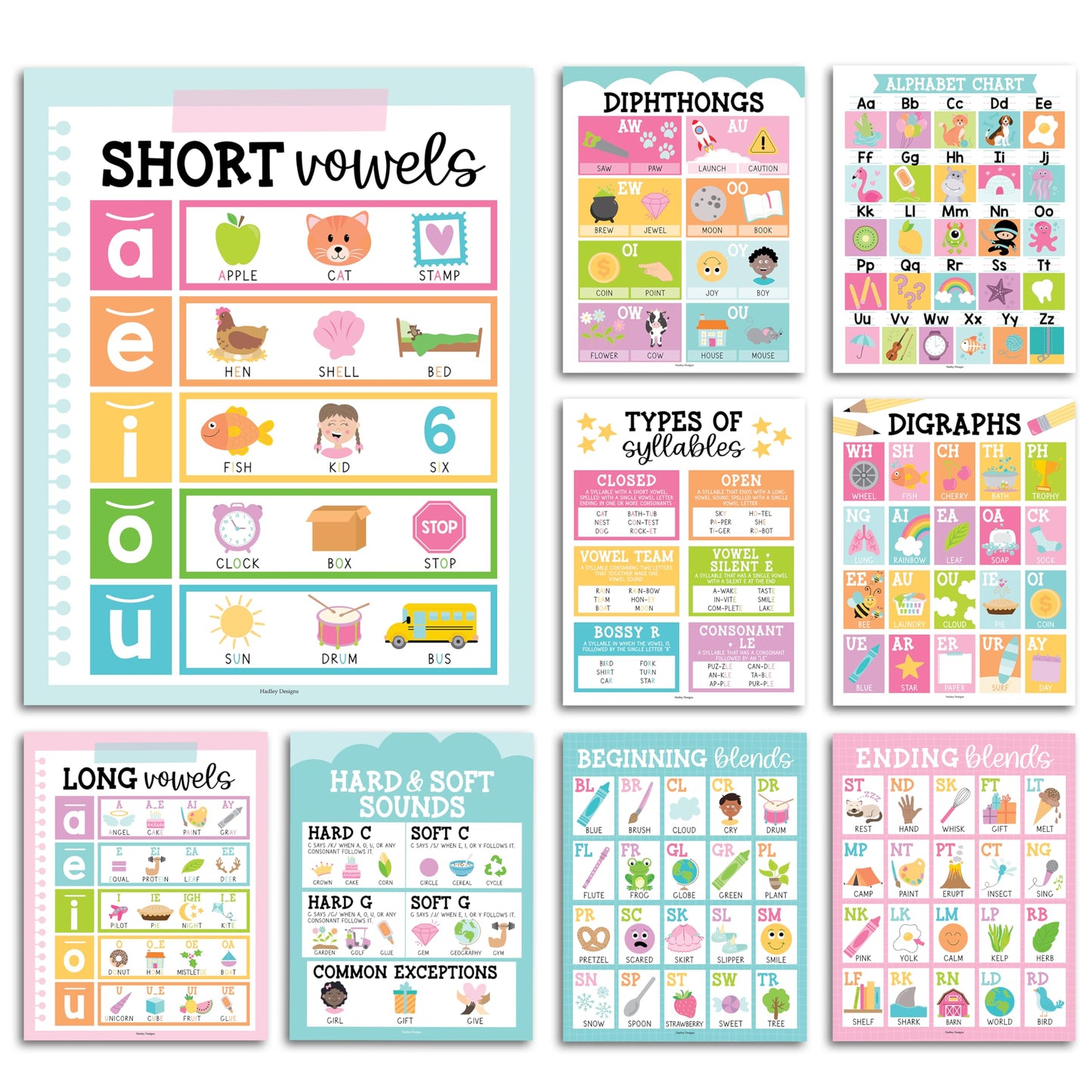 Hadley Designs Phonics Posters for Classroom Must Haves - 9 Sound Wall for Kindergarten & Elementary Teacher Supplies, Syllable, Vowels, Digraphs & Blends Bulletin Board Set, Pastel Classrom Decor