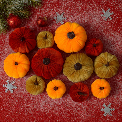 FAFVBING 12 Faux Flocked Pumpkins, Perfect for Fall Harvest, Halloween, or Thanksgiving Table Centerpieces(12, Orange, Yellow, and Crimson)