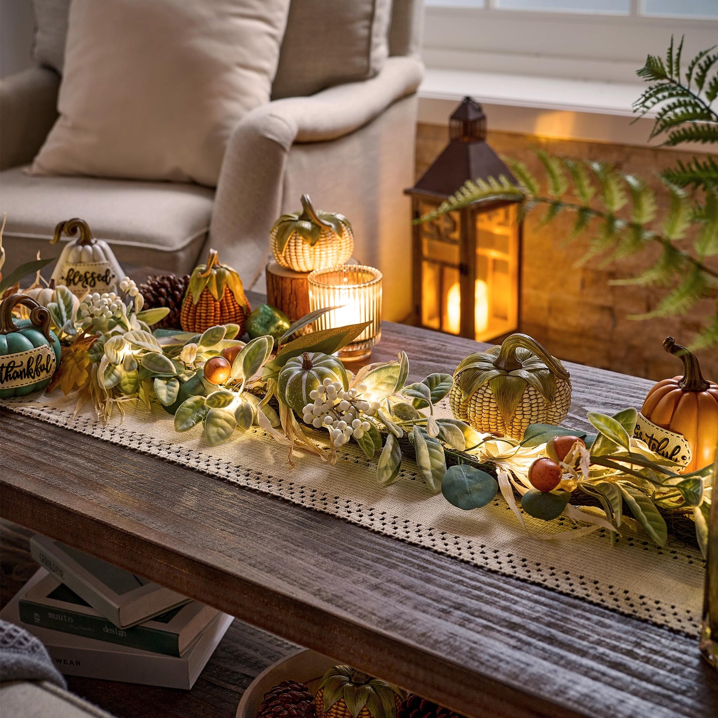 Valery Madelyn Fall Garland for Mantle, 6ft Lambs Ear Leaves Garland with Lights White Pumpkins Thanksgiving Table Centerpiece, Fall Autumn Decorations for Home Porch Fireplace Outdoor Halloween Decor