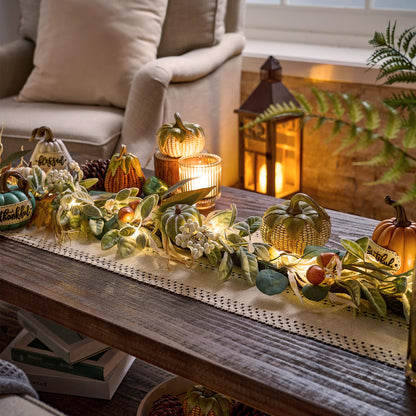 Valery Madelyn Fall Garland for Mantle, 6ft Lambs Ear Leaves Garland with Lights White Pumpkins Thanksgiving Table Centerpiece, Fall Autumn Decorations for Home Porch Fireplace Outdoor Halloween Decor
