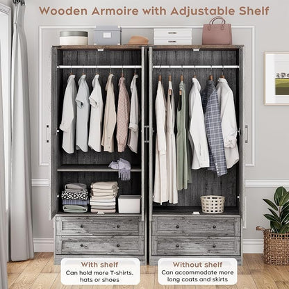 Brafab Armoire Wardrobe Closet with 2 Modern Doors Set of 2, 71" Tall Freestanding Closet Wardrobe Cabinet with Drawers and Hanging Rail, Light Wooden Storage Cabinet with Shelve for Bedroom, Grey