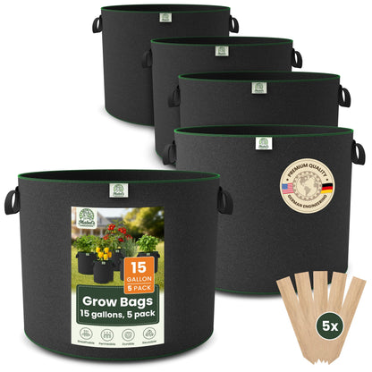 Mabel's Gardening 5-Pack 15 Gallon Grow Bags - Garden Planting Bags 17.7 x 14.2 INCH Made of 8.85 oz/yd² (300g/m²) Felt & Fleece Fabric Plant Pot, Plant Bag, Grow Bag for Pumpkin Potato Tomato