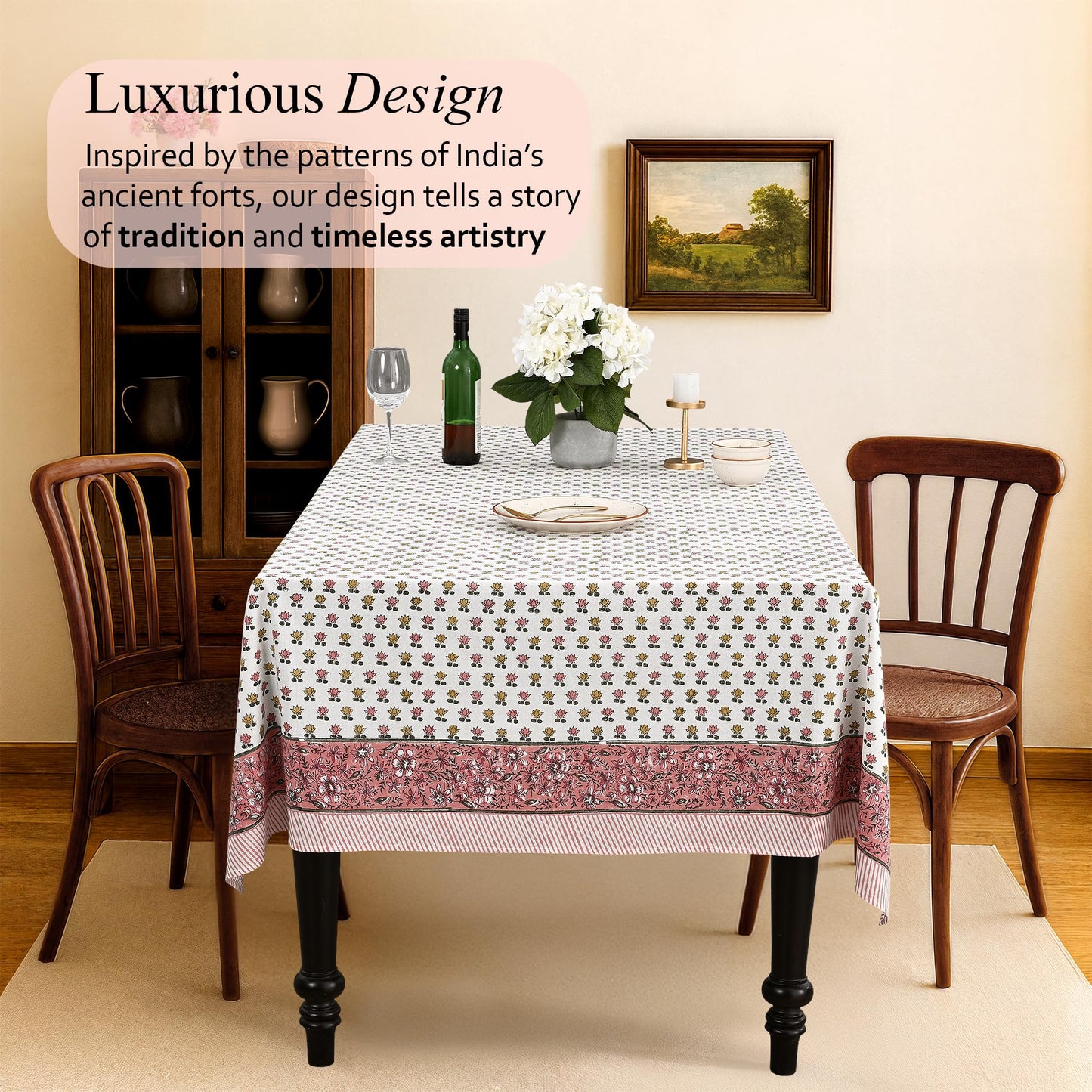 CPC Rosette Bloom Tablecloth 100% Cotton 60x60 Inch Indian Block Print Rectangle Table Cover, Table Cloth for Gifting in Weddings, Halloween, Fall, Christmas, Thanksgiving