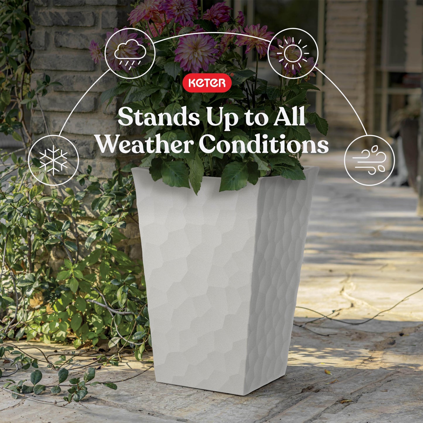 Keter Stone Tapered Planter Set of 2, Tall 26.4‑Inch Resin Outdoor Flower Pots with Stone‑Look Finish and 12.2‑Gallon Capacity, Cream