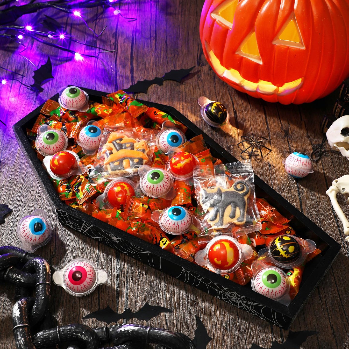 Teenyyou 15.7 x 7.8 Inch Halloween Coffin Charcuterie Board Wood Coffin Serving Tray with Skeleton Spider Web Decor Halloween Black Candy Bowl Gothic Serving Box for Mantel Kitchen Accessories Party