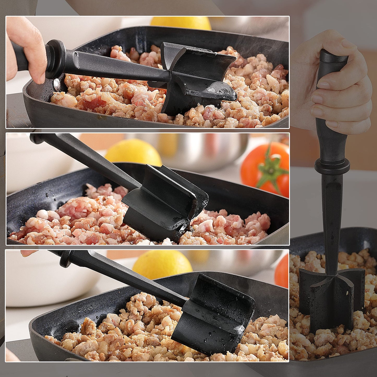 Meat Chopper Masher for Ground Beef and Hamburger Meat, Heat Resistant 5 Curved Blades Ground Beef Smasher, Nylon Meat Spatula Hamburger Chopper, Mix and Chop Kitchen Tool