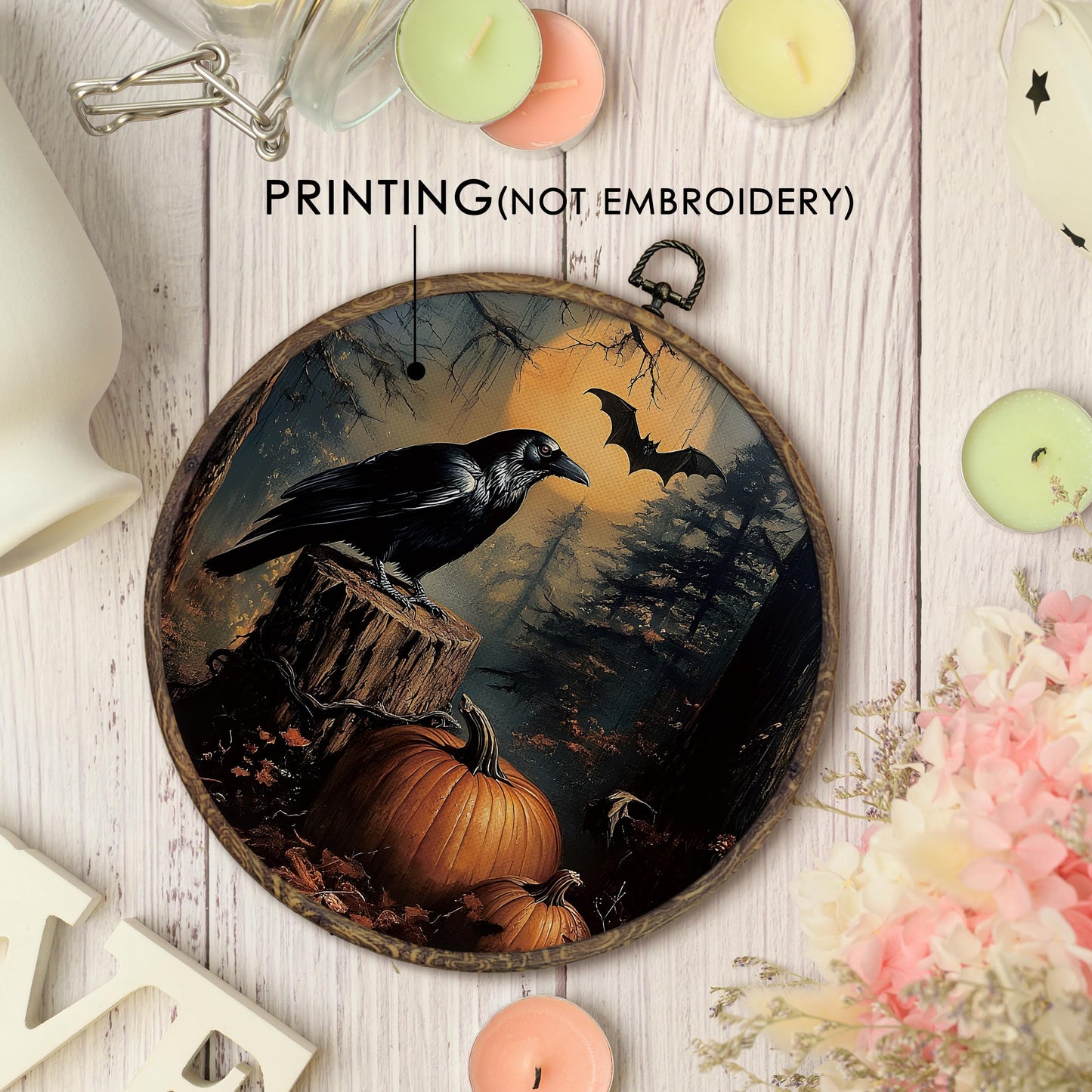 KFXHANGD Halloween Fall Raven Round Wall Art Framed, Gothic Crow Pumpkin Canvas Wall Art Decor, Halloween Fall Hanging Decor for Kitchen Bedroom Living Room, 10x10in