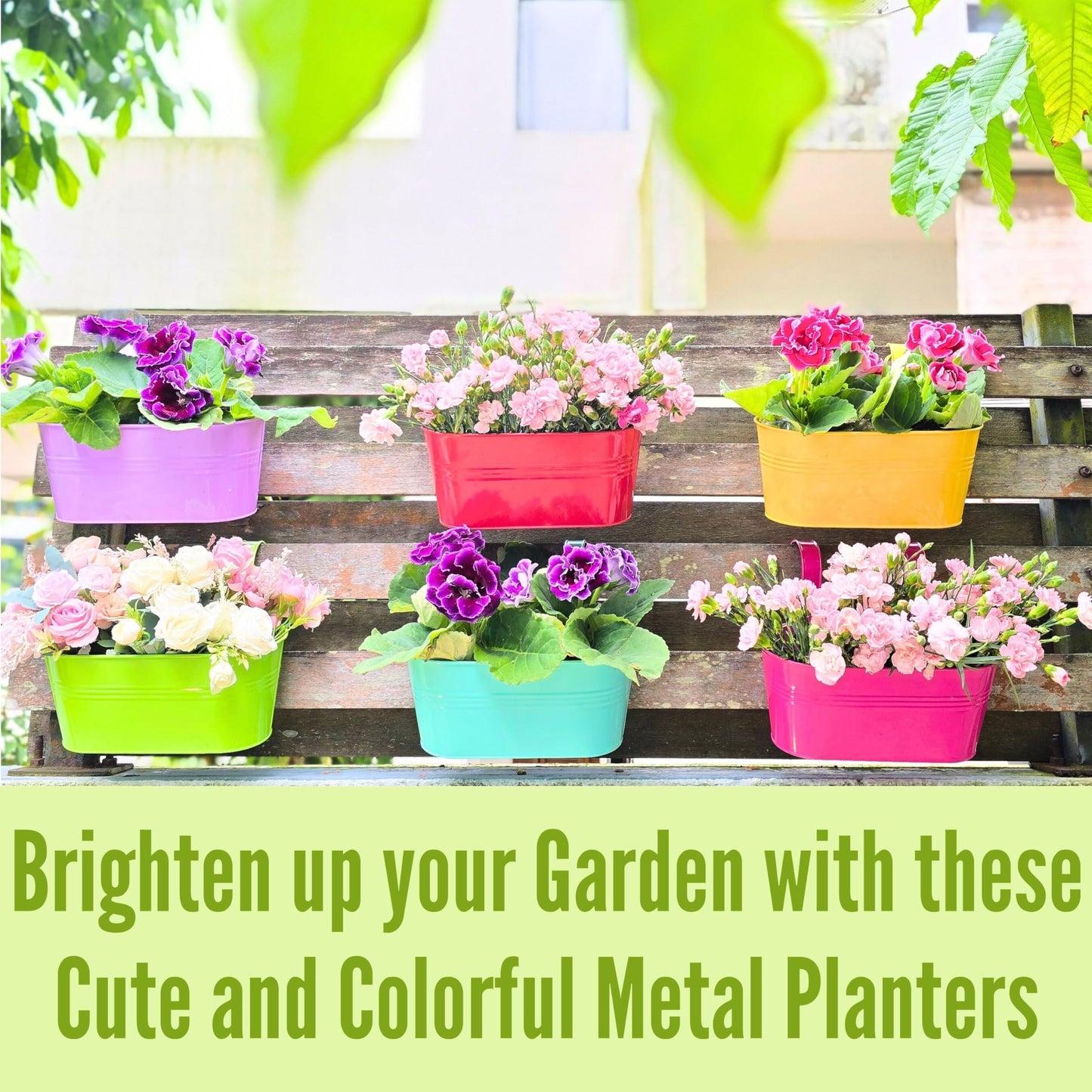 LaLaGreen Outdoor Hanging Planter (11.2 Inch, 6 Pack) Light Purple, Green, Yellow, Cadet Blue, Dark Pink, Red Metal Iron Window Box Flower Pot Deck Railings Balcony Fence Rail Porch Home Garden Decor