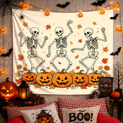 YTRG Fall Halloween Skeleton Tapestry, Gothic Halloween Tapestries Wall Hanging for Bedroom, Funny Dancing Skeleton Fall Pumpkin Tapestry Wall Decor Backdrop for Living Room Home, 50x60 Inch