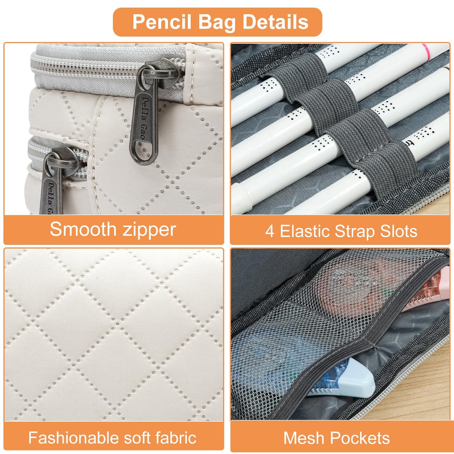 Della Gao Large Pencil Case, Big Capacity Pencil Pouch with 3 Compartments, Office Pencil Bag with Zipper, Big Pen Case for Adults (01-3Beige)