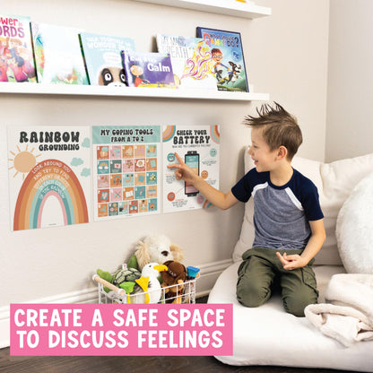 Hadley Designs 9 Calming Corner Posters for Classroom Must Haves - Calm Down Corner Supplies with Emotions Chart, School Counselor Mental Health Poster, Feelings Chart For Kids, Retro Classroom Decor