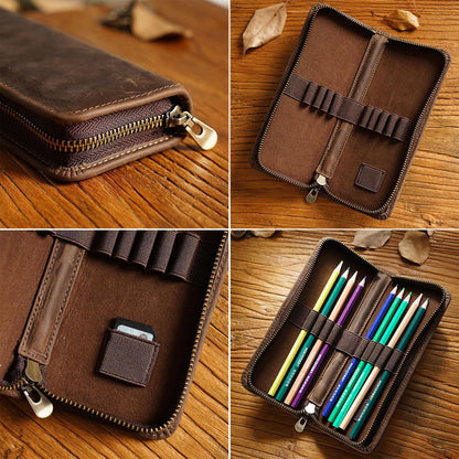 MIVLXLX Leather Pencil Case Organizer, 10 Wooden Pencils Portable Pen Case Storage for Drawing Pencils and Markers (black)