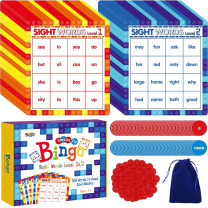 SpriteGru Sight Word Bingo Game, 160 Sight Words Learn to Read Level 1 & Level 2 Bingo Board Game Dolch's & Fry's Words Lists for Kindergarten and Preschool Kids 4-8, Perfect for Classroom & At Home