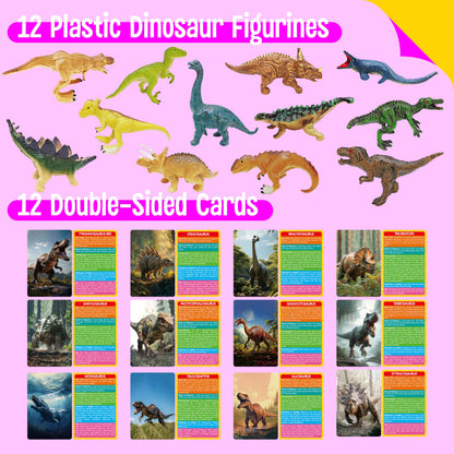 12 PCS Dinosaur Figurines with 12 Introducing Flashcards, Portable Dinosaur Figurines Montessori Toys Science Educational Matching Game for Homeschool Preschool Toddler Kids