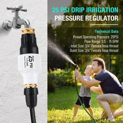 Aurelema 2 Pack 25 PSI Drip Irrigation Pressure Regulator Kit With Water Backflow Preventer for 3/4'' Garden/Faucet Hose Thread and 1/2'' Tubing Adapter, Complete System