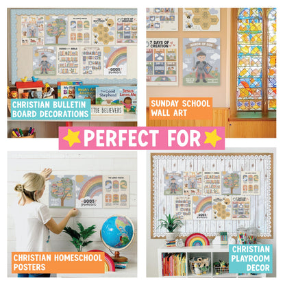 Hadley Designs Sunday School Decorations for Classroom –9 Bible Posters for Kids, Books of the Bible, 10 Commandments, Bible Timeline Chart, Fruits of the Spirit, Boho Christian Classroom Decor