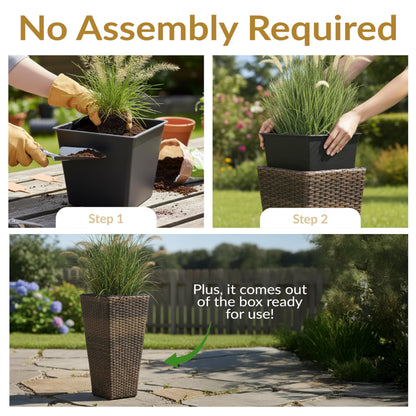 Sunnydaze Square Tall Wicker Outdoor Planter Set of 2 - Polyrattan Large Outdoor Planters for Porch, Patio or Garden - 24" Tall Plant Pots - Brown