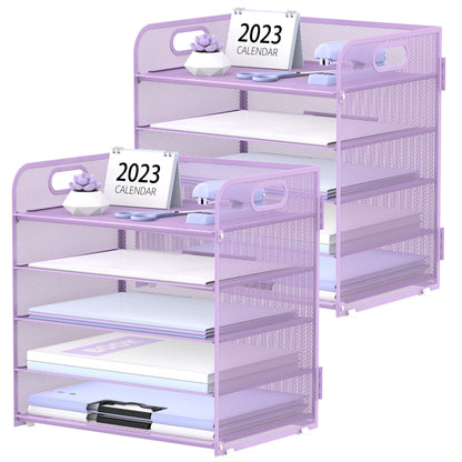 2 Pack 5-Tier Purple Desk Organizer with Handle Mesh Desk File/Paper Organizer Letter Tray for Office, School and Home Easy Installation Purple Office Supplies