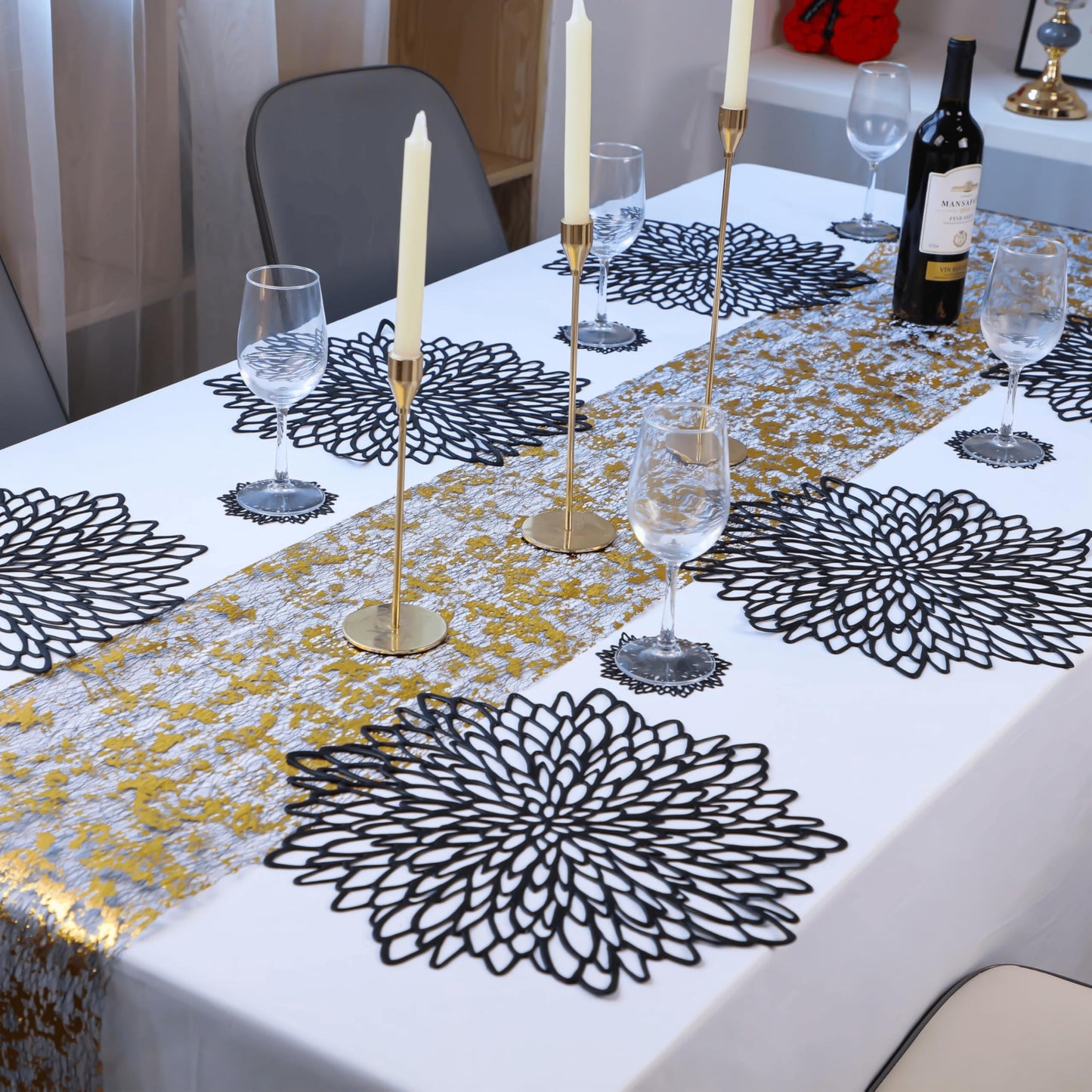 Snowkingdom 6 Pack Black Placemats Washable Pressed Vinyl Dining Table Mats Round Floral Charger Decoration for Halloween Christmas Thanksgiving