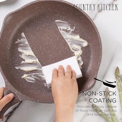 Country Kitchen Non-Stick Cast Aluminum Cookware Set - Durable Kitchen Cookware for Everyday Cooking, Chocolate Brown, 6 Pc.