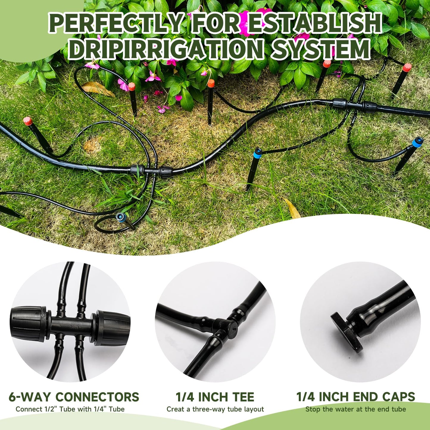100FT 1/4 Inch Drip Irrigation kit Tubing Distribution Hose Tube for Garden Drip Irrigation System (Includes 2 Pack 6-Way Connector and 20pcs 1/4" Tee Splitters and End Plugs)