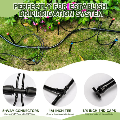 100FT 1/4 Inch Drip Irrigation kit Tubing Distribution Hose Tube for Garden Drip Irrigation System (Includes 2 Pack 6-Way Connector and 20pcs 1/4" Tee Splitters and End Plugs)