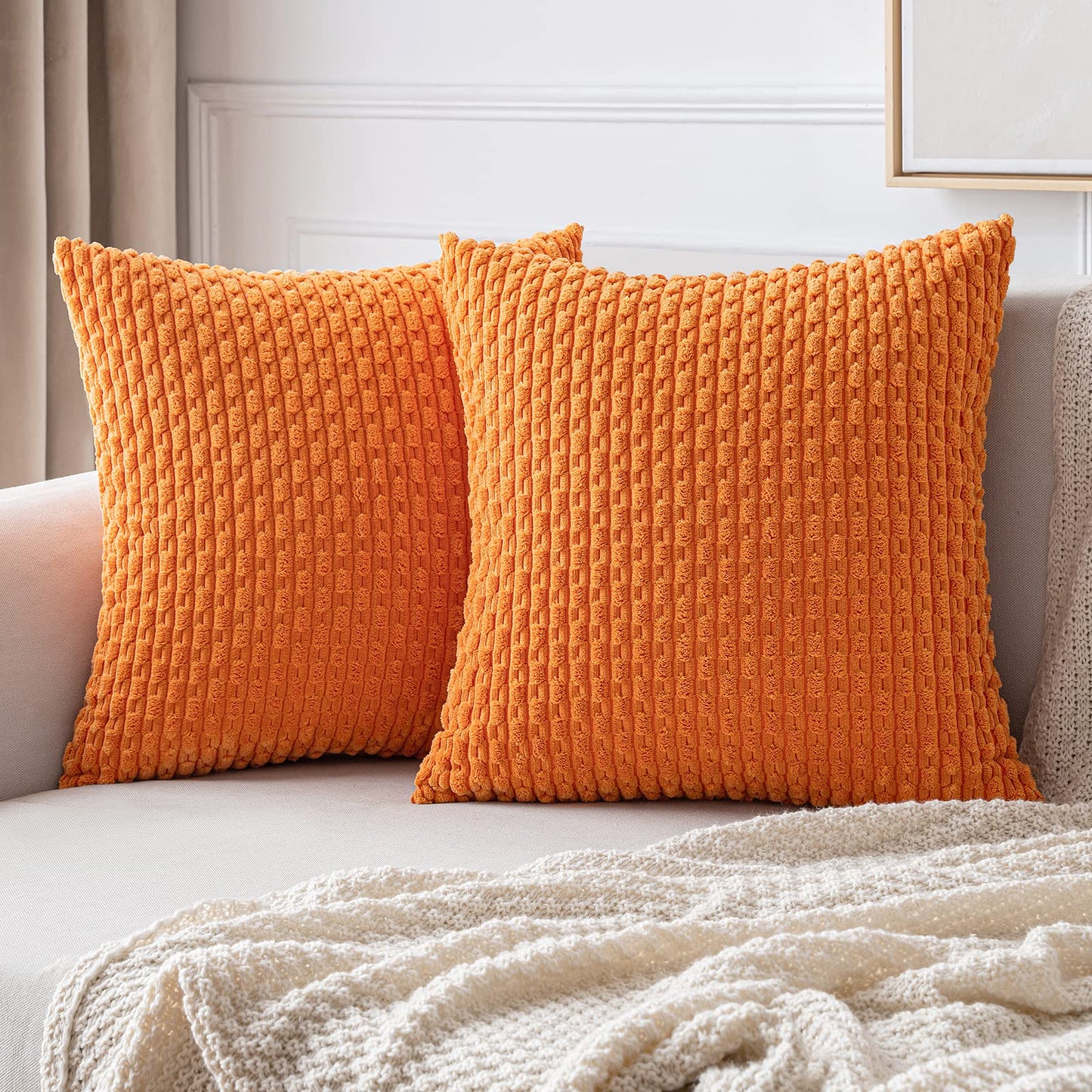 MIULEE Orange Throw Pillow Covers Soft Corduroy Decorative Set of 2 Boho Striped Pillow Covers Pillowcases Farmhouse Home Decor for Halloween Couch Bed Sofa Living Room 20x20 Inch