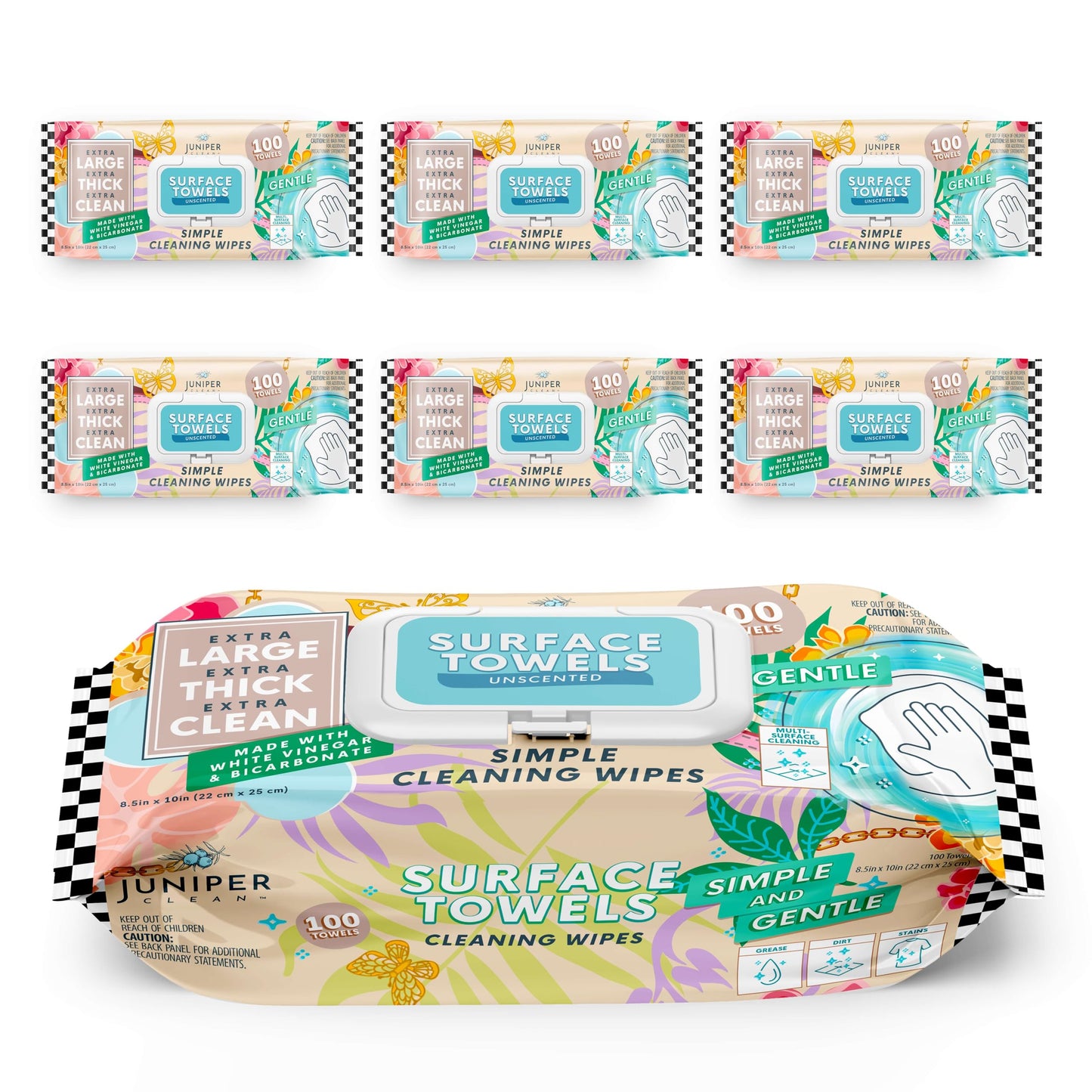 Juniper CLEAN 6 Packs Surface Cleaning Wipes Bleach Free, Thick & Large Dispose, All-Purpose Cleaner for Bathroom, Kitchen, Office, 600 Count Soft Flow, Biodegradable, No Scent