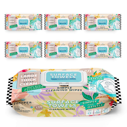 Juniper CLEAN 6 Packs Surface Cleaning Wipes Bleach Free, Thick & Large Dispose, All-Purpose Cleaner for Bathroom, Kitchen, Office, 600 Count Soft Flow, Biodegradable, No Scent