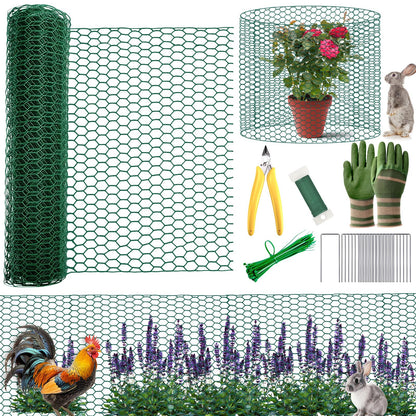 All-in-One 200 Inch Plant Protectors from Animals Kit - 0.85mm Heavy Duty Chicken Wire Cloche,Free-Cut Wire Mesh Roll Includes Pliers, Gloves, Ties, Stakes for Custom Outdoor Cages (16 * 200 Inch)