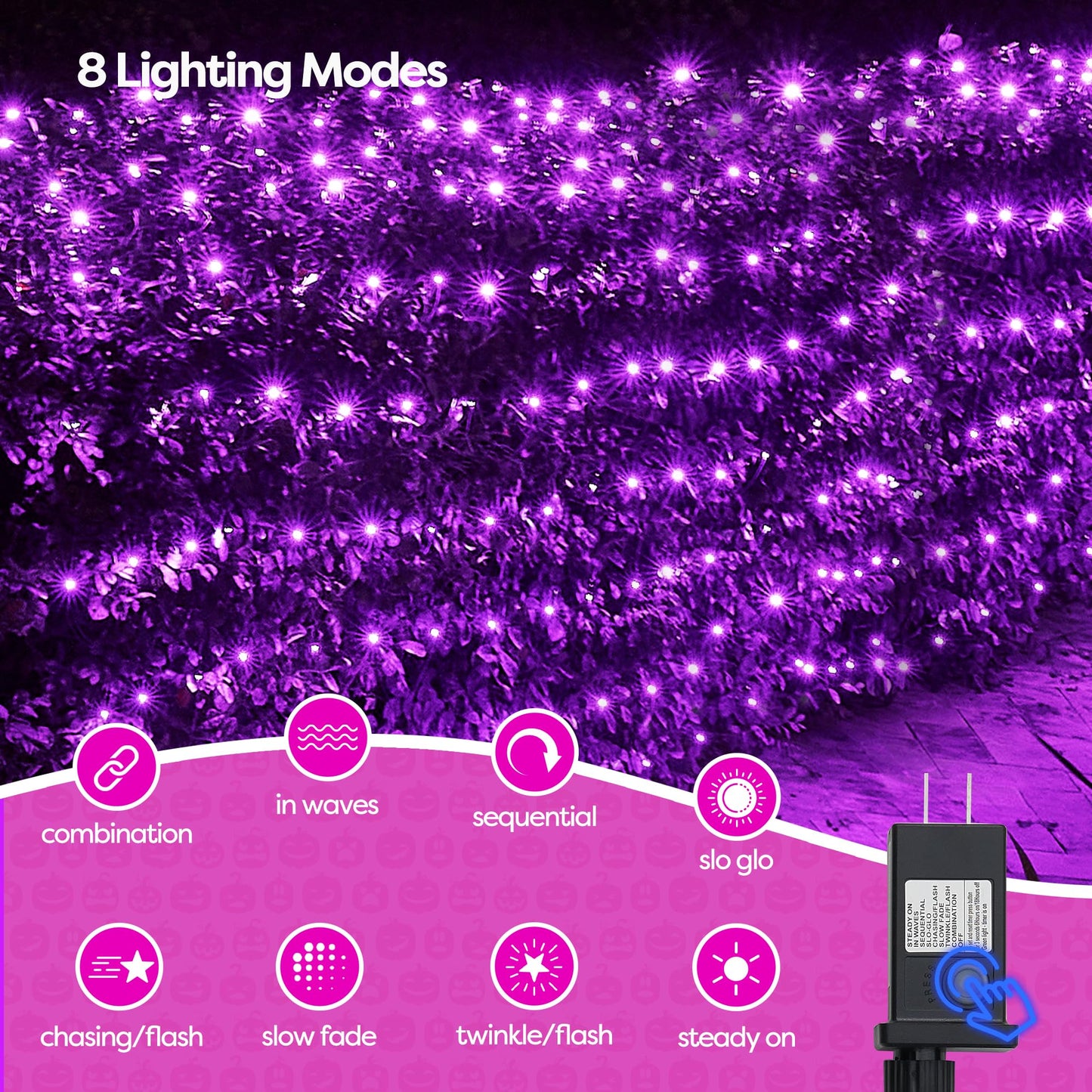 WBao Halloween Lights Outdoor 360LED 11.5ft x 6.9ft Halloween Net Lights with 8 Modes, Timer, Connectable, Waterproof & Dark Green Wire for Lawn, Bushes, Shrubs Outdoor Holiday Decorations, Purple