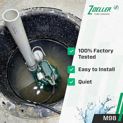 Zoeller M98 Flow-Mate Sump Pump - 1/2 HP - Cast Iron - LED Power Plug - High Flow - Vortex Impeller - Stainless Steel Hardware - Factory Tested and Float Operated - Submersible Sump Pump - 115V