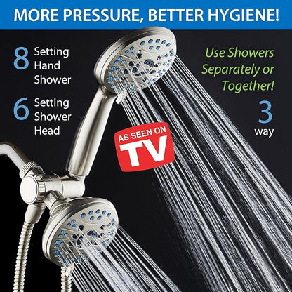 Hotel Spa AquaCare As-Seen-On-TV High Pressure 48-setting Rain & Handheld 3-way Shower Head Combo - Anti-clog Nozzles/Tub, Tile & Pet Power Wash/Extra Long 6 ft. Hose/Satin Nickel Finish
