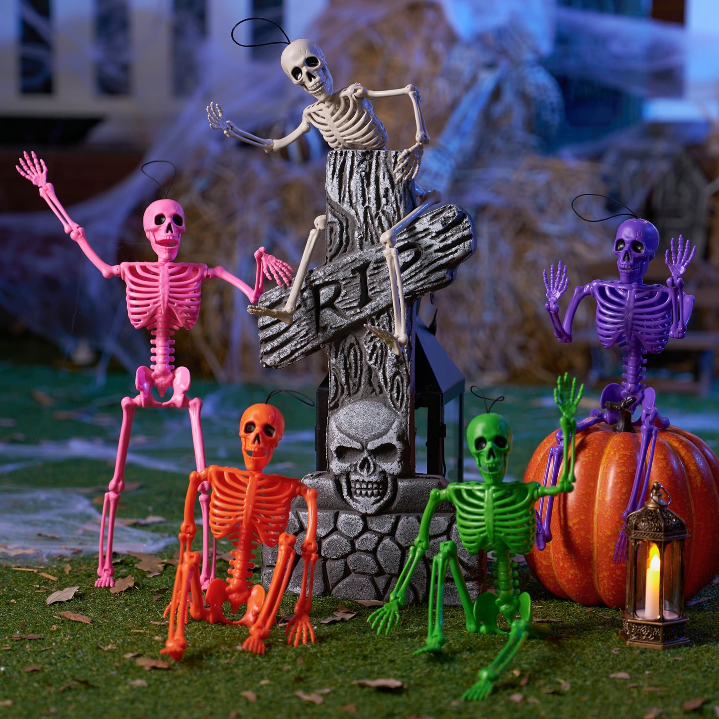 JOYIN 5 PCS Posable Halloween Skeleton Decor 16 Inches, Full Body Movable Joints Posable Skeleton, Hanging Skeletons for Halloween Decoration, Home Yard, Graveyard, Haunted House, Spooky Scene