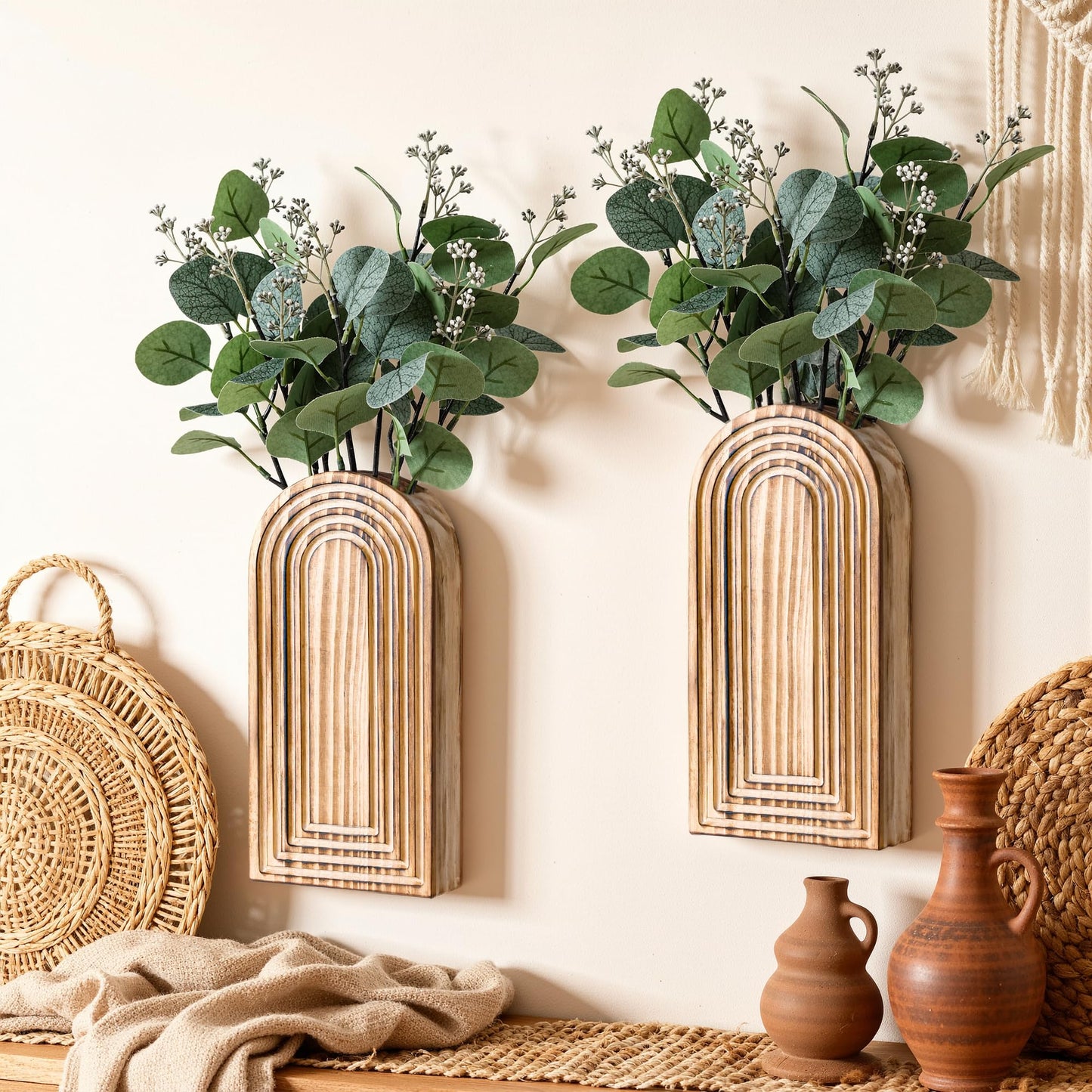 DREAMLOOM 2 Pack Wooden Wall Vases with Fake Plants, Wall Hanging Planters Boho Modern Farmhouse Indoor for Narrow Spaces Entryway Bathroom Home Office Decoration, Black