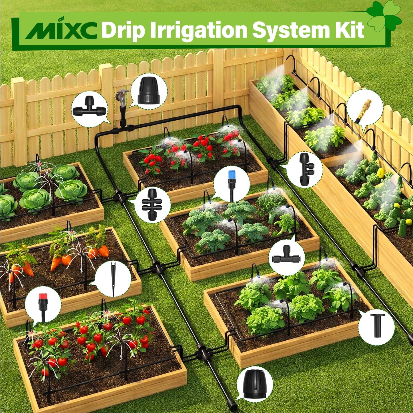 MIXC 2026-Upgrade 360° Adjustable Drip Irrigation System Kit, 200FT Bendable Watering Misting System with 3 Spray Nozzle Types, 1/2"(50FT) & 1/4"(150FT) Tubing for Garden Raised Bed Lawn & Greenhouse
