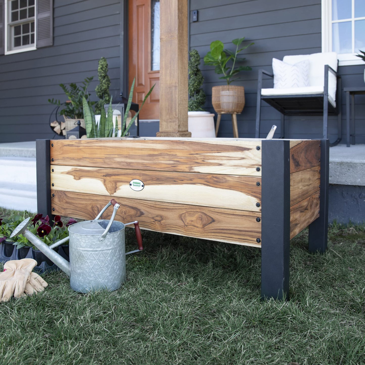 Backyard Discovery 48" Teak Wood Garden Bed Planter Box with Galvanized Steel Legs, Mesh Liner for Outdoor Gardening, Patio, Balcony, Deck, Porch
