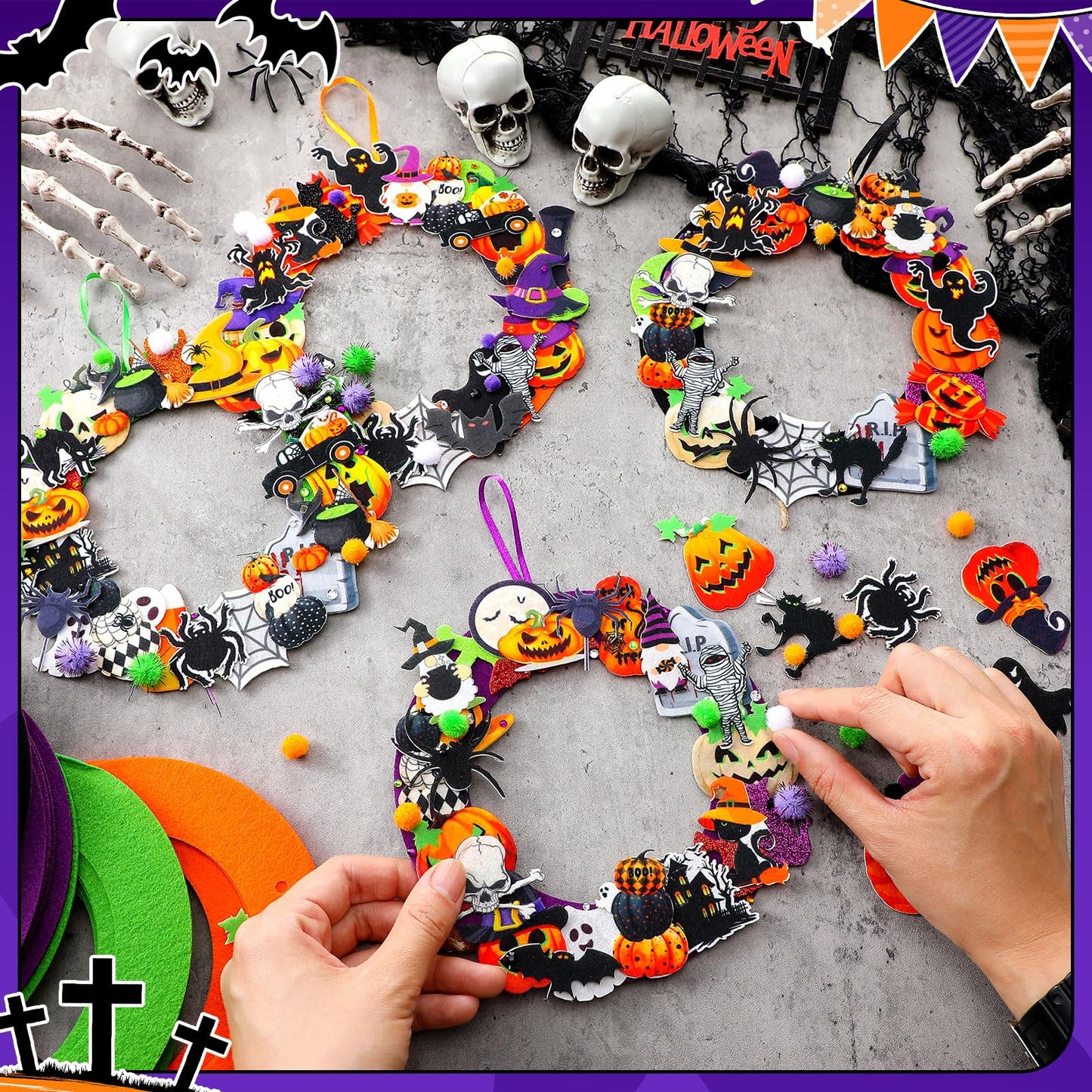 Moucuny 470 Pcs Halloween Craft Kits DIY Wreath Craft Kit Halloween Wreath Decorations with Ghost Witch Bats Pumpkin Cat Stickers Home Indoor Party Favors