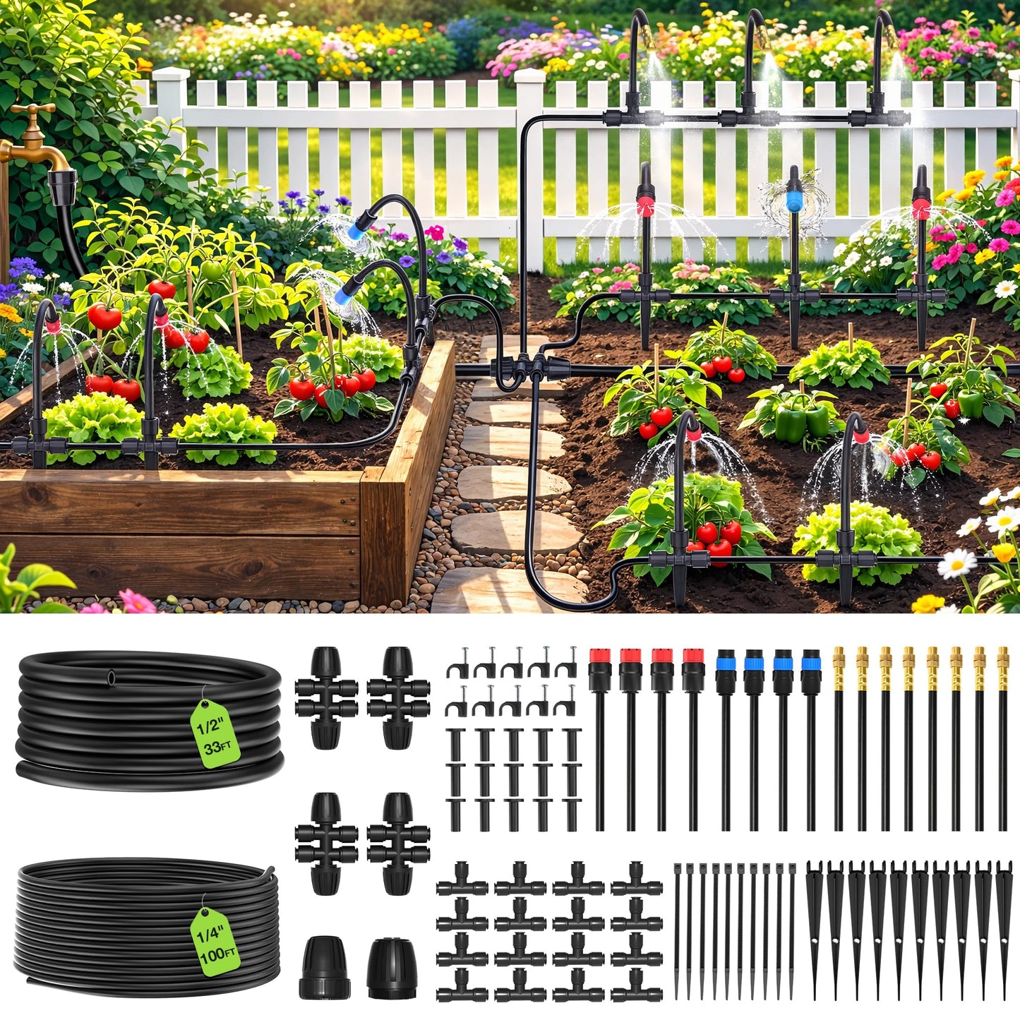 MIXC 2026-Upgrade 360° Adjustable Drip Irrigation System Kit, 133FT Bendable Watering Misting System with 3 Spray Nozzle Types, 1/2" (33FT) & 1/4" (100FT) Tubing for Garden Raised Bed Lawn Greenhouse