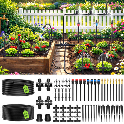 MIXC 2026-Upgrade 360° Adjustable Drip Irrigation System Kit, 133FT Bendable Watering Misting System with 3 Spray Nozzle Types, 1/2" (33FT) & 1/4" (100FT) Tubing for Garden Raised Bed Lawn Greenhouse