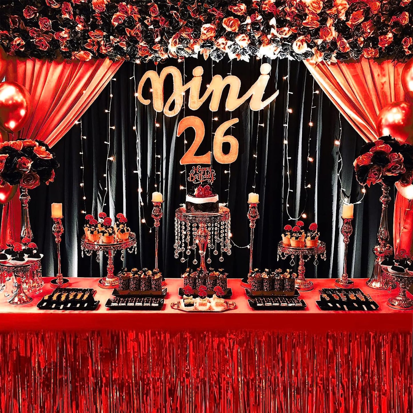 6 PCS Red Metallic Foil Fringe Tinsel Table Skirts 9 Feet x29.5 Inch for Rectangle Tables, Tinsel Backdrop Curtains,Party Supplies,Wedding, Birthday, Parade Floats, Christmas Decorations