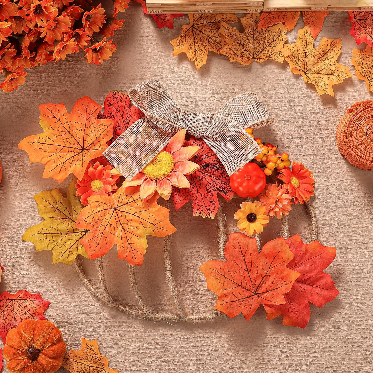 Fall Pumpkin Metal Wreath Frame, Pumpkin Shaped Wire Wreath Frame with Maple Leaves Fake Flowers Mini Pumpkin Berries, DIY 3D Pumpkin Frame for Indoor Outdoor Garden Home Kitchen Craft Decor