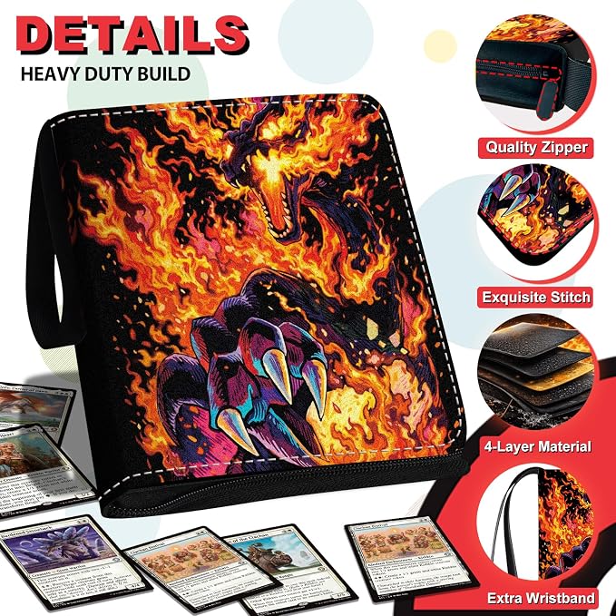 1008 Card Binder 9 Pocket, 3-Ring Trading Card Binder with 56 Page Removable Sleeves, High Storage Waterproof Trading Card Holder Collection Card Album Organizer Case for TCG Cards-Fire Dragon