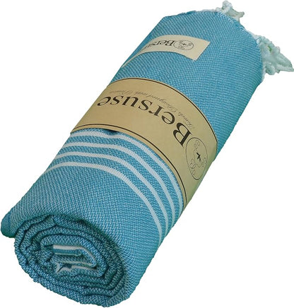 Bersuse Towels Anatolia XL Beach Blanket Throw Blanket Turkish Towel 100% Cotton Extra-Large Quick-Dry Lightweight Premium Peshtemal Towel - 61x82 Inches, Sea Blue (Set of 3)